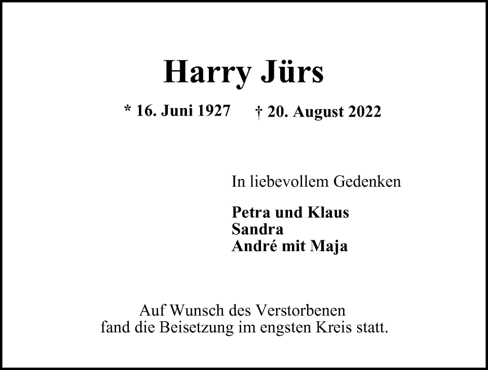  Traueranzeige für Harry Jürs vom 15.10.2022 aus Hamburger Abendblatt