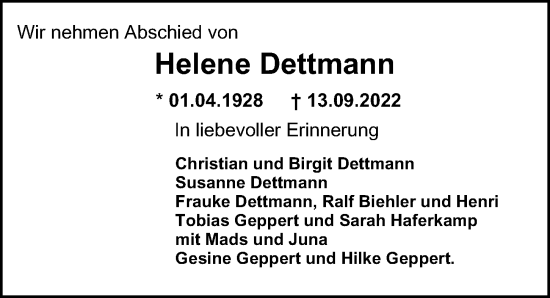 Traueranzeige von Helene Dettmann von Hamburger Abendblatt