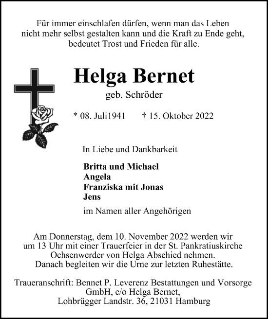 Traueranzeige von Helga Bernet von Bille Wochenblatt, Bergedorfer Zeitung