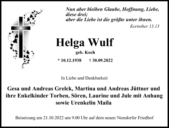 Traueranzeige von Helga Wulf von Hamburger Abendblatt