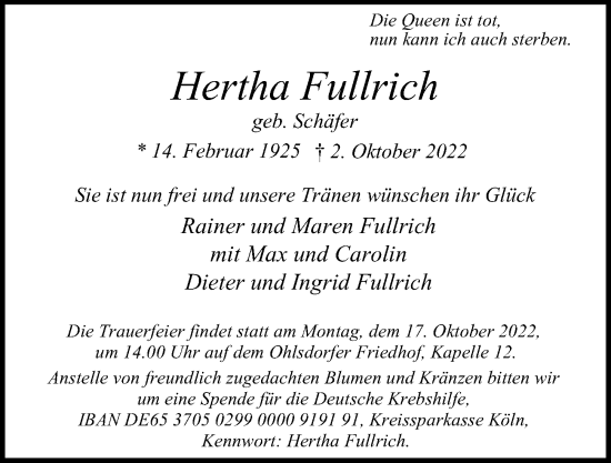 Traueranzeige von Hertha Fullrich von Hamburger Abendblatt