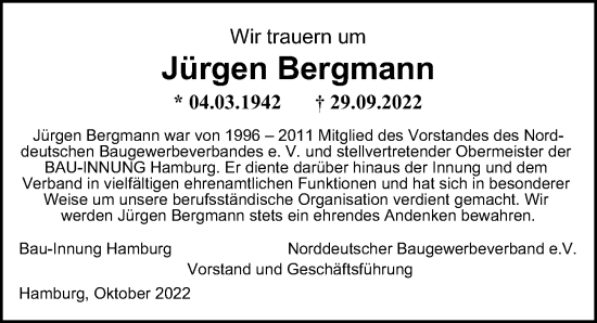 Traueranzeige von Jürgen Bergmann von Hamburger Abendblatt