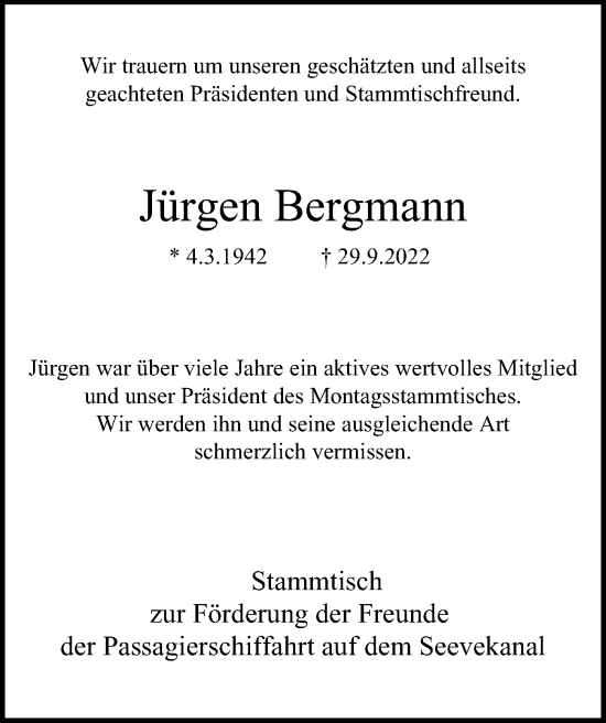 Traueranzeige von Jürgen Bergmann von Hamburger Abendblatt