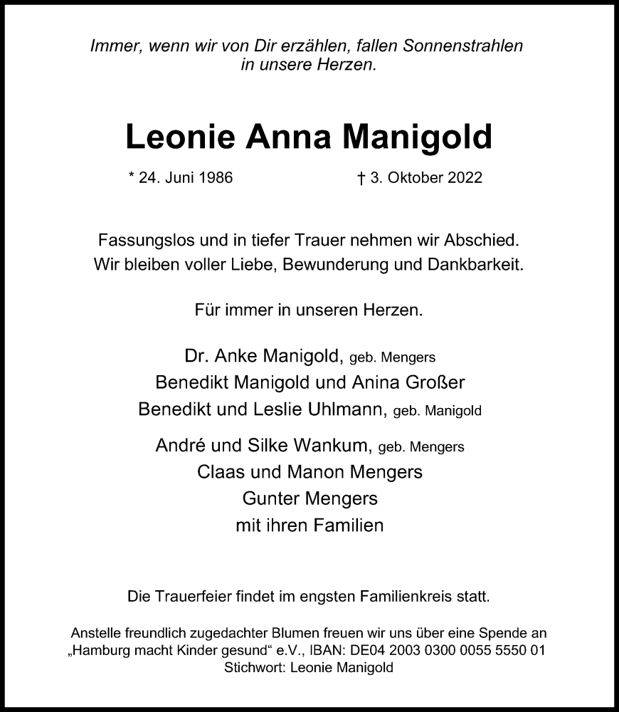  Traueranzeige für Leonie Anna Manigold vom 15.10.2022 aus Hamburger Abendblatt