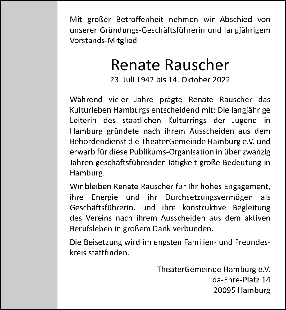  Traueranzeige für Renate Rauscher vom 22.10.2022 aus Hamburger Abendblatt