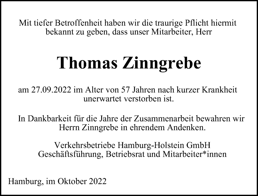  Traueranzeige für Thomas Zinngrebe vom 06.10.2022 aus Bergedorfer Zeitung