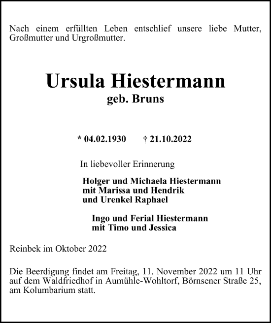 Traueranzeige von Ursula Hiestermann von Bille Wochenblatt, Bergedorfer Zeitung