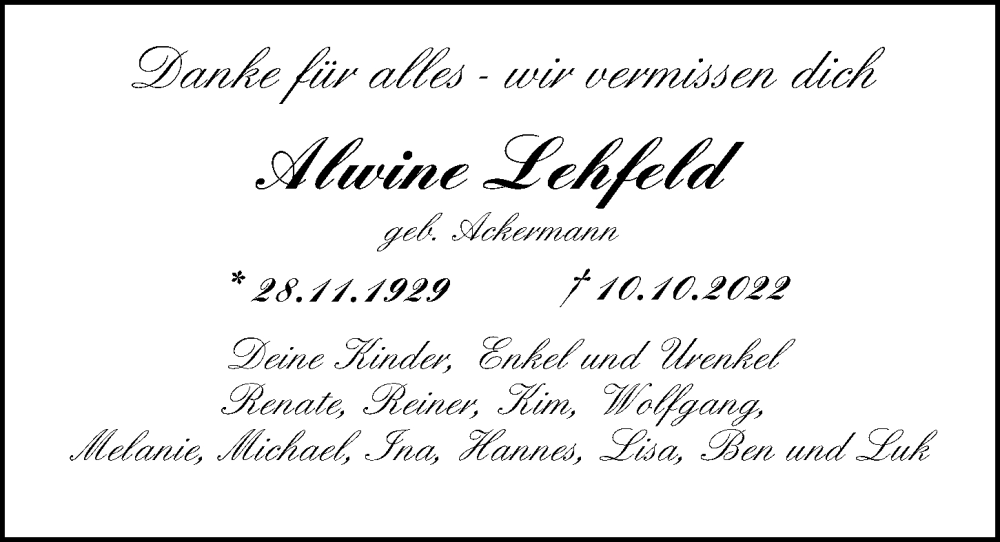  Traueranzeige für Alwine Lehfeld vom 12.11.2022 aus Niendorfer Wochenblatt