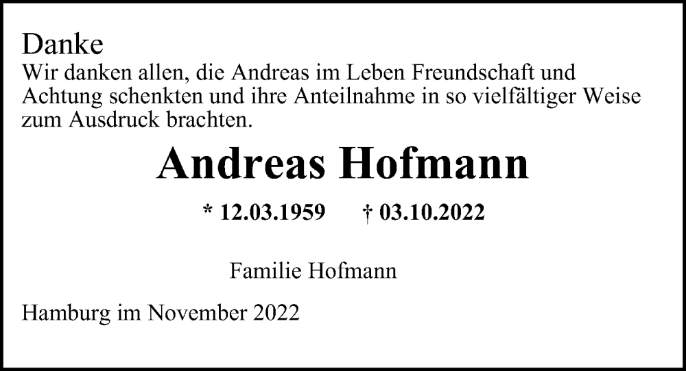  Traueranzeige für Andreas Hofmann vom 19.11.2022 aus Niendorfer Wochenblatt