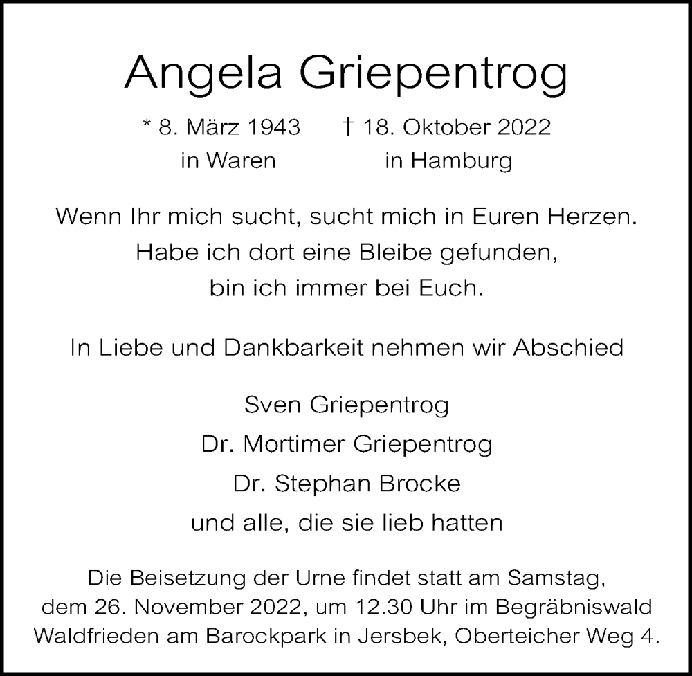  Traueranzeige für Angela Griepentrog vom 19.11.2022 aus Hamburger Abendblatt