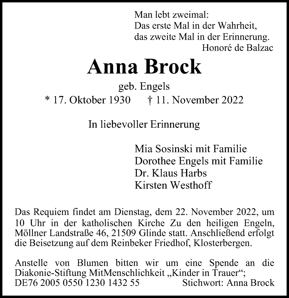 Traueranzeige für Anna Brock vom 19.11.2022 aus Bille Wochenblatt, Bergedorfer Zeitung