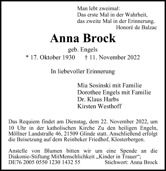 Traueranzeige von Anna Brock von Bille Wochenblatt, Bergedorfer Zeitung