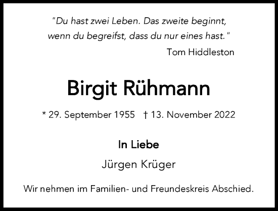 Traueranzeige von Birgit Rühmann von Hamburger Abendblatt