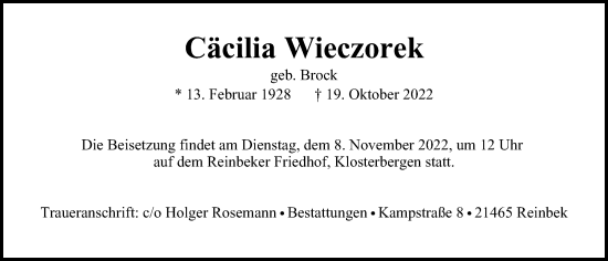 Traueranzeige von Cäcilia Wieczorek von Bergedorfer Zeitung