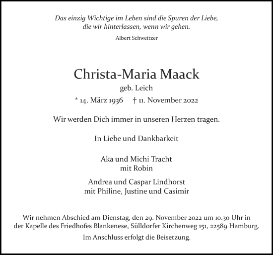 Traueranzeige von Christa-Maria Maack von Hamburger Abendblatt