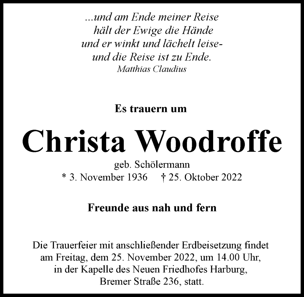  Traueranzeige für Christa Woodroffe vom 12.11.2022 aus HA Regio Harburg