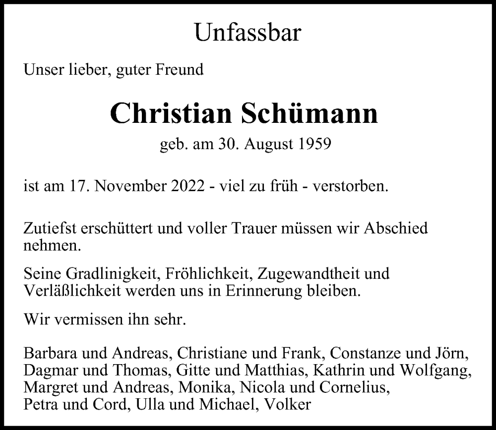  Traueranzeige für Christian Schümann vom 26.11.2022 aus Hamburger Abendblatt
