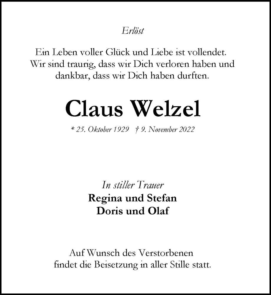  Traueranzeige für Claus Welzel vom 19.11.2022 aus Langenhorn