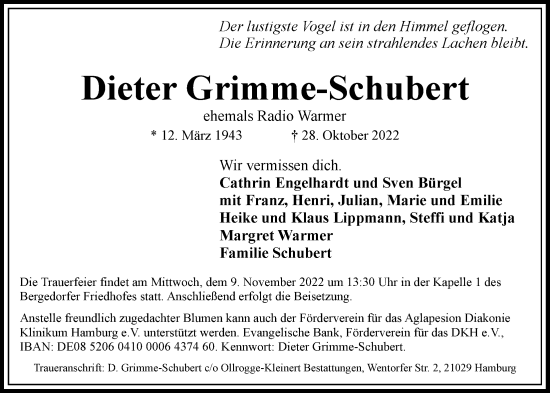 Traueranzeige von Dieter Grimme-Schubert von Bergedorfer Zeitung