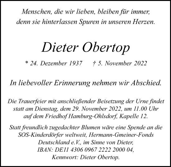 Traueranzeige von Dieter Obertop von Hamburger Abendblatt