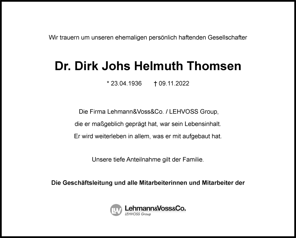  Traueranzeige für Dirk Johs Helmuth Thomsen vom 19.11.2022 aus Hamburger Abendblatt