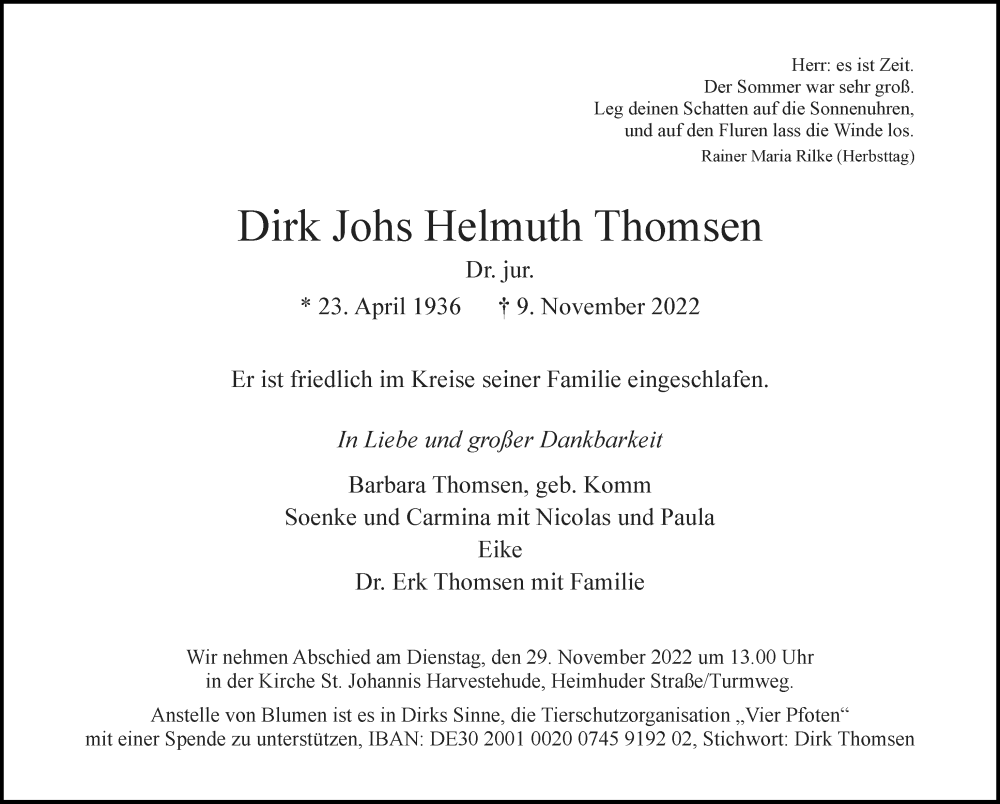  Traueranzeige für Dirk Johs Helmuth Thomsen vom 19.11.2022 aus Hamburger Abendblatt