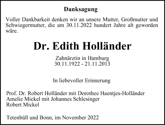 Traueranzeige von Edith Holländer von Hamburger Abendblatt