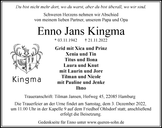 Traueranzeige von Enno Jans Kingma von Hamburger Abendblatt