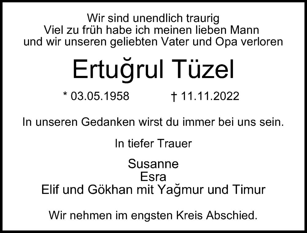  Traueranzeige für Ertugrul Tüzel vom 23.11.2022 aus Glinder Zeitung