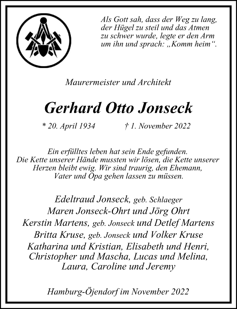  Traueranzeige für Gerhard Otto Jonseck vom 12.11.2022 aus Billstedt/Horn