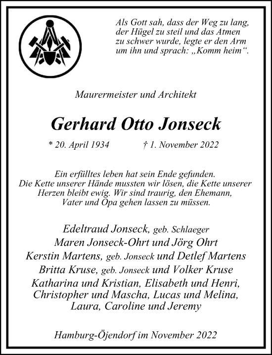 Traueranzeige von Gerhard Otto Jonseck von Billstedt/Horn