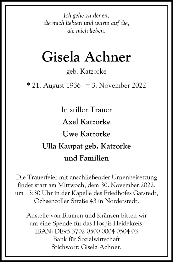 Traueranzeige von Gisela Achner von Hamburger Abendblatt