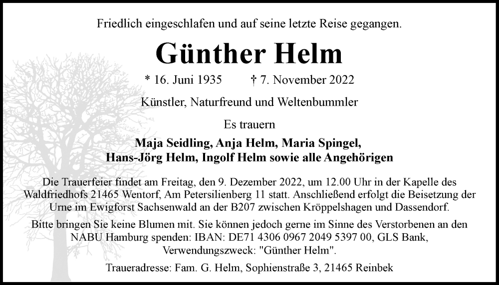  Traueranzeige für Günther Helm vom 19.11.2022 aus Bille Wochenblatt, Bergedorfer Zeitung