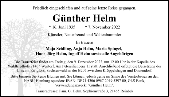 Traueranzeige von Günther Helm von Hamburger Abendblatt