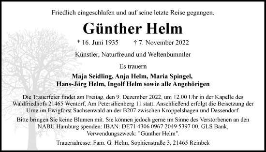 Traueranzeige von Günther Helm von Bille Wochenblatt, Bergedorfer Zeitung