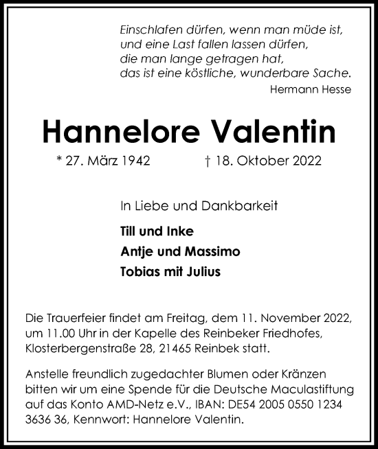 Traueranzeige von Hannelore Valentin von Bille Wochenblatt, Bergedorfer Zeitung