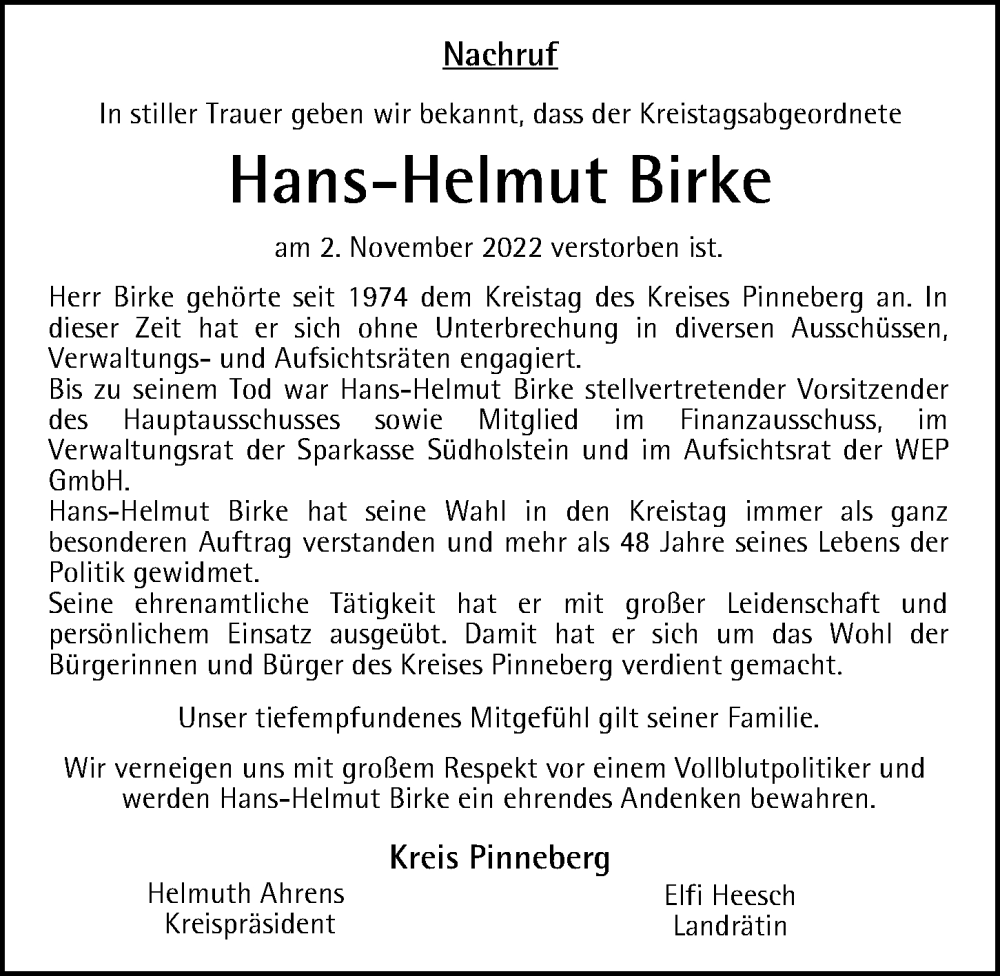  Traueranzeige für Hans-Helmut Birke vom 19.11.2022 aus HA Regio Pinneberg