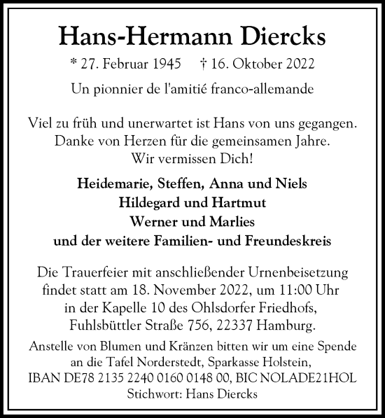 Traueranzeige von Hans-Hermann Diercks von Hamburger Abendblatt