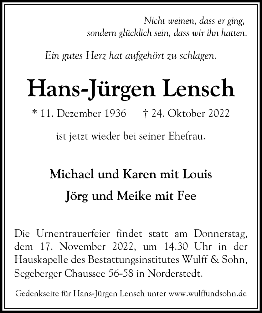  Traueranzeige für Hans-Jürgen Lensch vom 12.11.2022 aus HA Regio Norderstedt