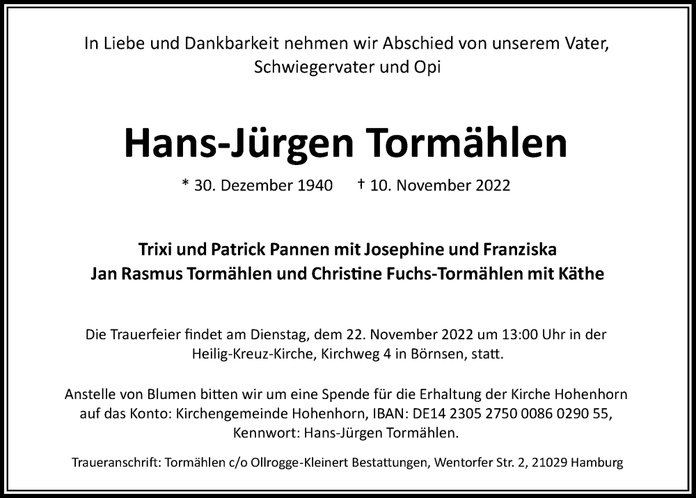  Traueranzeige für Hans-Jürgen Tormählen vom 19.11.2022 aus Bille Wochenblatt, Bergedorfer Zeitung