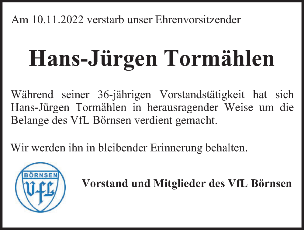 Traueranzeige für Hans-Jürgen Tormählen vom 26.11.2022 aus Bergedorfer Zeitung