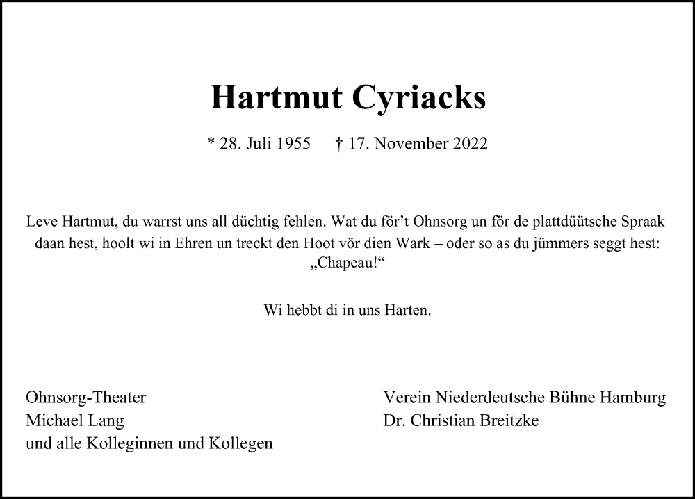  Traueranzeige für Hartmut Cyriacks vom 26.11.2022 aus Hamburger Abendblatt