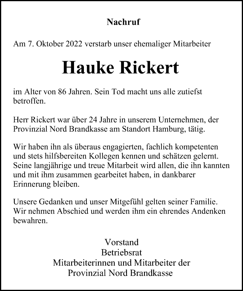  Traueranzeige für Hauke Rickert vom 05.11.2022 aus Hamburger Abendblatt