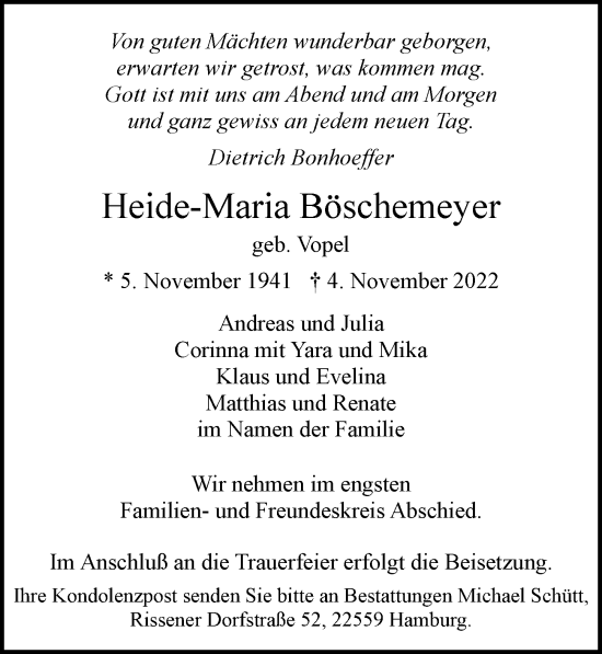 Traueranzeige von Heide-Maria Böschemeyer von Hamburger Abendblatt