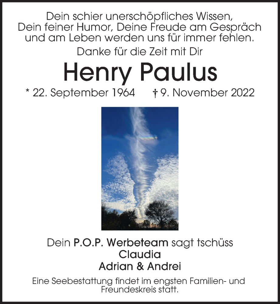  Traueranzeige für Henry Paulus vom 26.11.2022 aus Hamburger Abendblatt