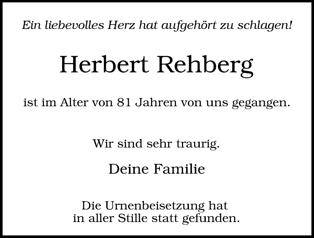  Traueranzeige für Herbert Rehberg vom 23.11.2022 aus Glinder Zeitung