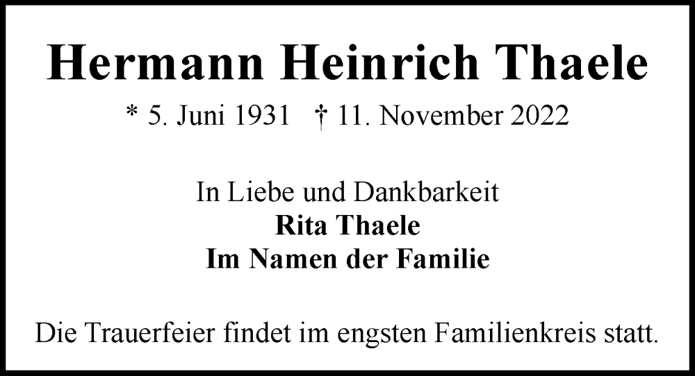  Traueranzeige für Hermann Heinrich Thaele vom 19.11.2022 aus Hamburger Abendblatt