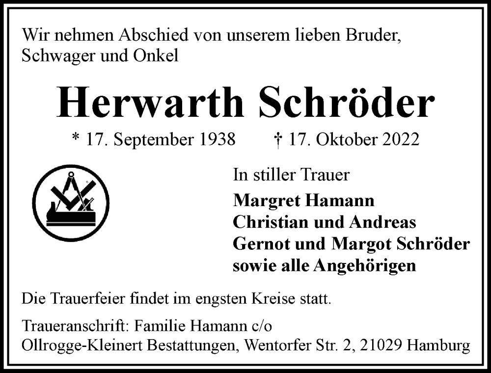  Traueranzeige für Herwarth Schröder vom 12.11.2022 aus Hamburger Abendblatt