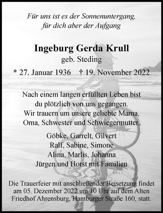Traueranzeige von Ingeburg Gerda Krull von Hamburger Abendblatt