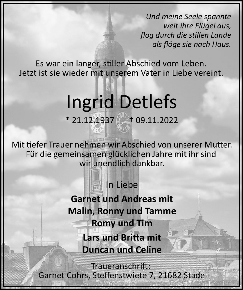  Traueranzeige für Ingrid Detlefs vom 19.11.2022 aus Hamburger Abendblatt